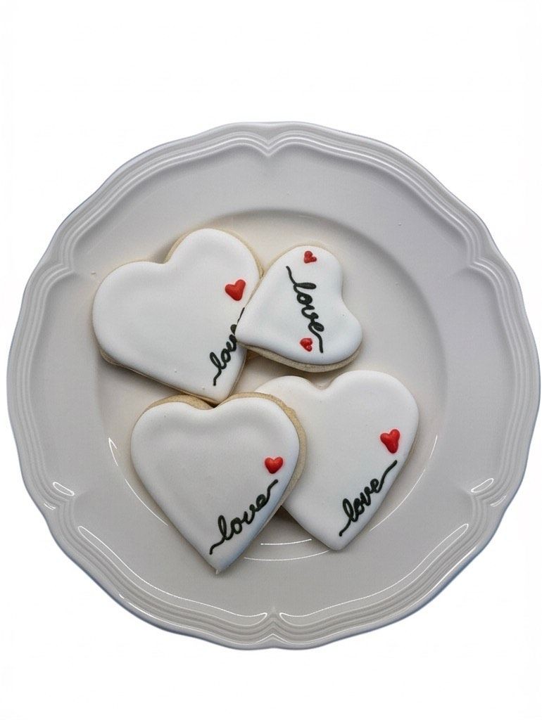 A white plate with heart-shaped cookies decorated with the word 'love' and small red hearts.